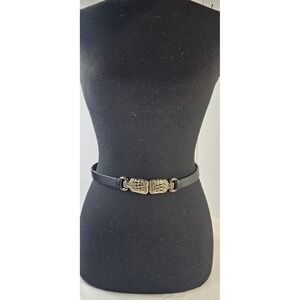 Talbots Black Skinny Belt Gold Croc Buckle Faux Leather Adjustable 27-36